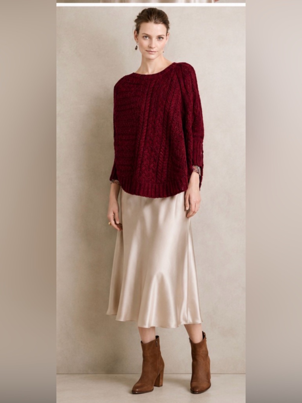 Anthropologie Angel of the North Burgundy Cable Knit Sweater
